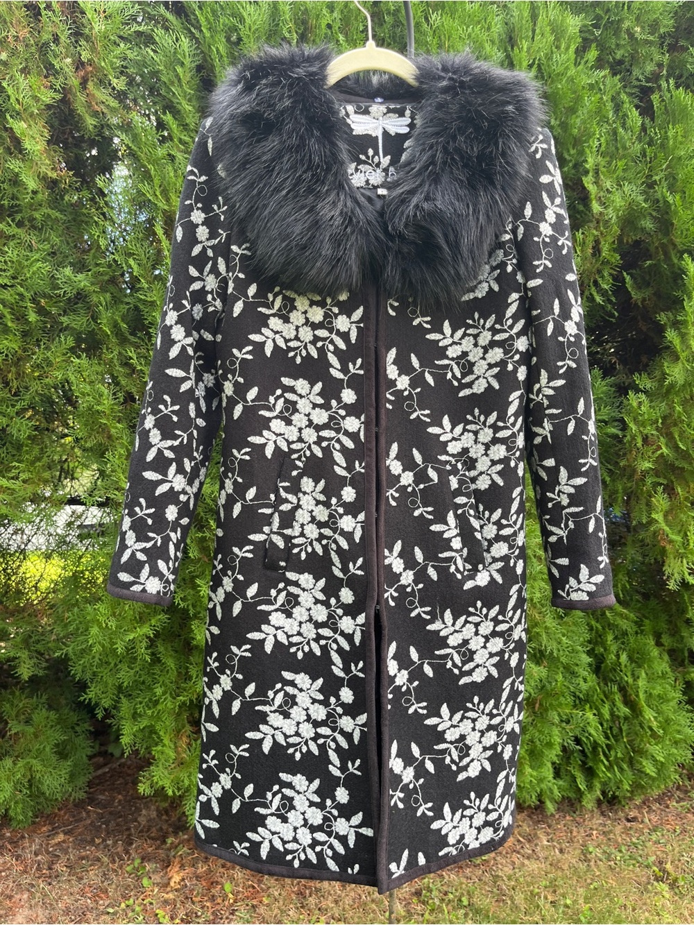 Tyler Boe Black Coat with White Floral Embroidery and Faux Fur Detachable Collar